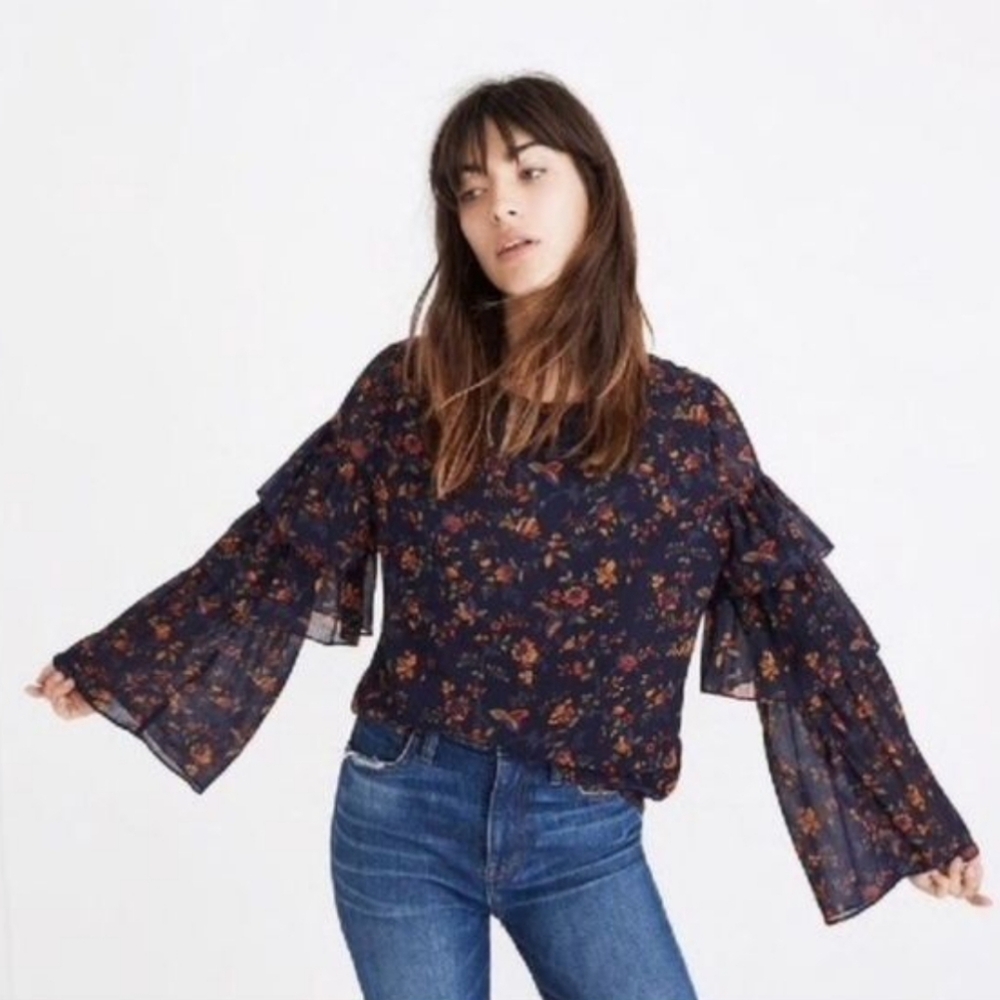 Floral Ruffle Bell-Sleeve Blouse - Navy Floral